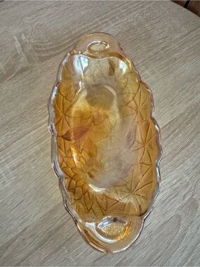 Iridescent Amber Glass Floral Pattern Serving Relish Dish